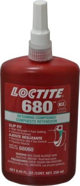 Loctite - 250 mL Bottle, Green, High Strength Liquid Retaining Compound - Series 680, 24 hr Full Cure Time, Hand Tool Removal - USA Tool & Supply