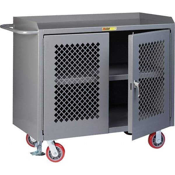 Little Giant - 3,600 Lb Capacity, 3 Shelf, 2 Door Mobile Cabinet Bench - 41" Wide x 24" Deep x 43" High, Steel, Gray - USA Tool & Supply