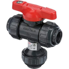 Asahi/America - 1" Pipe, Full Port, PVC Multiport Ball Valve - Three Way, Threaded Ends, Tee Handle - USA Tool & Supply