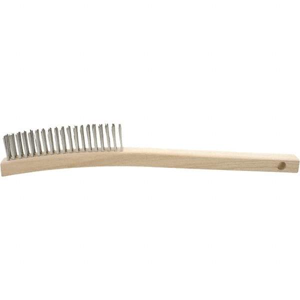 Brush Research Mfg. - 3 Rows x 19 Columns Stainless Steel Scratch Brush - 5-3/4" Brush Length, 13-3/4" OAL, 1-1/8 Trim Length, Wood Curved Back Handle - USA Tool & Supply