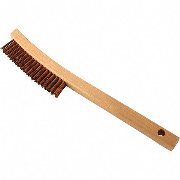 Brush Research Mfg. - 3 Rows x 19 Columns Bronze Scratch Brush - 5-3/4" Brush Length, 13-3/4" OAL, 1-1/8 Trim Length, Wood Curved Back Handle - USA Tool & Supply
