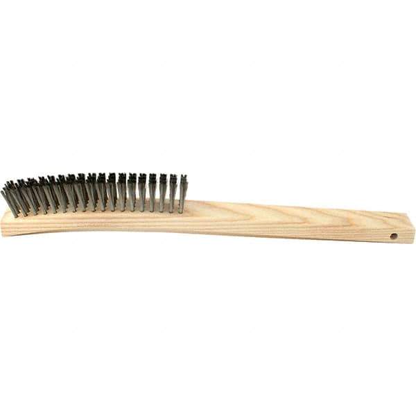 Brush Research Mfg. - 4 Rows x 19 Columns Stainless Steel Scratch Brush - 5-3/4" Brush Length, 14" OAL, 1 Trim Length, Wood Curved Back Handle - USA Tool & Supply