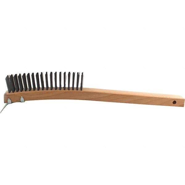 Brush Research Mfg. - 4 Rows x 19 Columns Steel Scratch Brush - 5-3/4" Brush Length, 14" OAL, 1-1/8 Trim Length, Wood Curved Back Handle - USA Tool & Supply