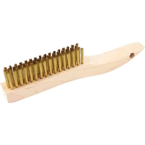 Brush Research Mfg. - 4 Rows x 16 Columns Brass Scratch Brush - 4-3/4" Brush Length, 10-1/4" OAL, 1-1/8 Trim Length, Wood Shoe Handle - USA Tool & Supply