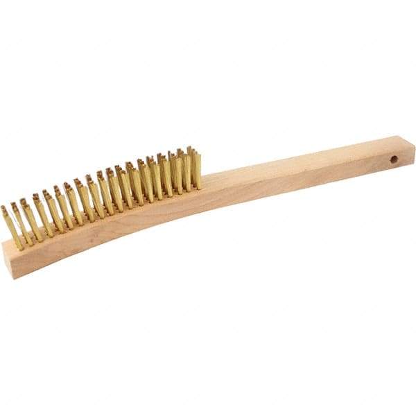 Brush Research Mfg. - 4 Rows x 19 Columns Brass Scratch Brush - 5-3/4" Brush Length, 13-3/4" OAL, 1-1/8 Trim Length, Wood Curved Back Handle - USA Tool & Supply