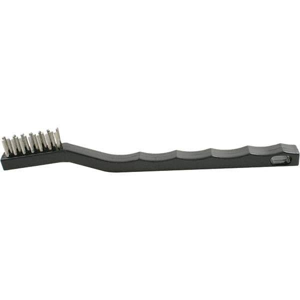 Brush Research Mfg. - 2 Rows x 7 Columns Stainless Steel Scratch Brush - 1/2" Brush Length, 7-1/4" OAL, 1/2 Trim Length, Plastic Curved Back Handle - USA Tool & Supply