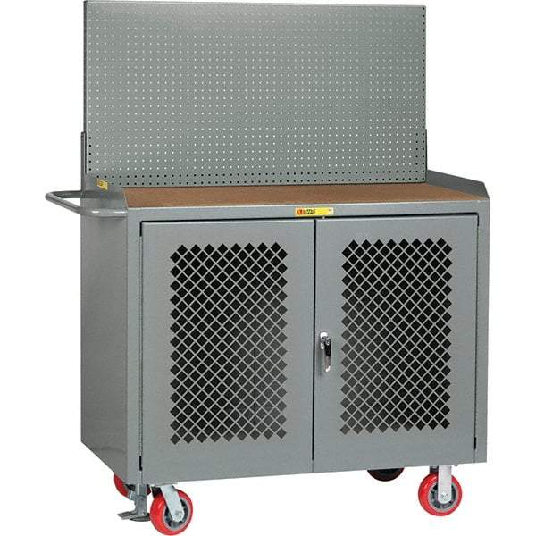 Little Giant - 3,600 Lb Capacity, 2 Shelf, 2 Door Mobile Bench Cabinet with Pegboard Panel - 53" Wide x 24" Deep x 43" High, Steel, Gray - USA Tool & Supply
