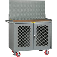 Little Giant - 3,600 Lb Capacity, 2 Shelf, 2 Door Mobile Bench Cabinet with Pegboard Panel - 41" Wide x 24" Deep x 43" High, Steel, Gray - USA Tool & Supply