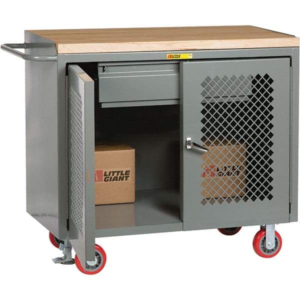 Little Giant - 3,600 Lb Capacity, 2 Shelf, 1 Drawer, 2 Door Mobile Cabinet Bench - 41" Wide x 24" Deep x 43" High, Steel, Gray - USA Tool & Supply