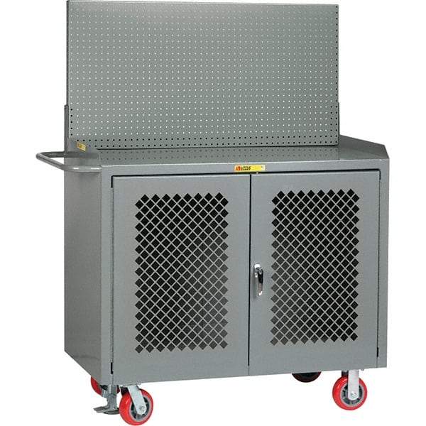 Little Giant - 3,600 Lb Capacity, 2 Shelf, 2 Door Mobile Bench Cabinet with Pegboard Panel - 53" Wide x 24" Deep x 43" High, Steel, Gray - USA Tool & Supply