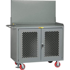 Little Giant - 3,600 Lb Capacity, 2 Shelf, 2 Door Mobile Bench Cabinet with Pegboard Panel - 41" Wide x 24" Deep x 43" High, Steel, Gray - USA Tool & Supply