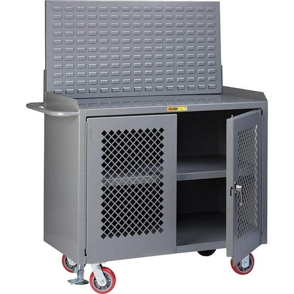 Little Giant - 3,600 Lb Capacity, 3 Shelf, 2 Door Mobile Bench Cabinet with Louvered Panel - 41" Wide x 24" Deep x 43" High, Steel, Gray - USA Tool & Supply