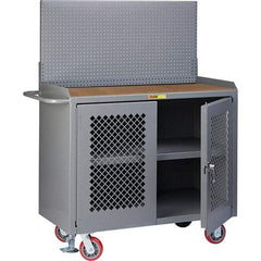 Little Giant - 3,600 Lb Capacity, 3 Shelf, 2 Door Mobile Bench Cabinet with Pegboard Panel - 41" Wide x 24" Deep x 43" High, Steel, Gray - USA Tool & Supply