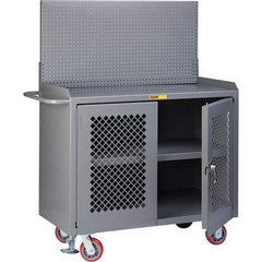 Little Giant - 3,600 Lb Capacity, 3 Shelf, 2 Door Mobile Bench Cabinet with Pegboard Panel - 41" Wide x 24" Deep x 43" High, Steel, Gray - USA Tool & Supply