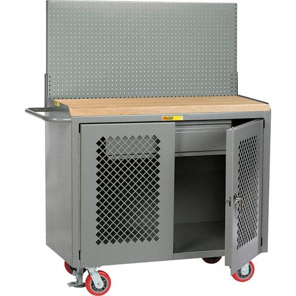 Little Giant - 3,600 Lb Capacity, 2 Shelf, 1 Drawer, 2 Door Mobile Bench Cabinet with Pegboard Panel - 41" Wide x 24" Deep x 43" High, Steel, Gray - USA Tool & Supply