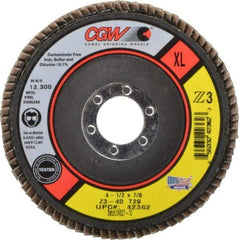 Camel Grinding Wheels - 40 Grit, 4-1/2" Disc Diam, 7/8" Center Hole, Type 29 Zirconia Alumina Flap Disc - 13,300 Max RPM, Poly Cotton Backing, Arbor Attaching System, Coated - USA Tool & Supply