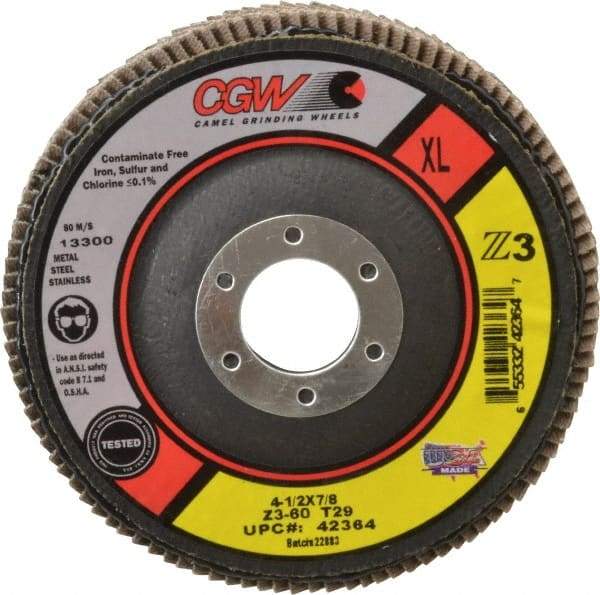 Camel Grinding Wheels - 60 Grit, 4-1/2" Disc Diam, 7/8" Center Hole, Type 29 Zirconia Alumina Flap Disc - 13,300 Max RPM, Poly Cotton Backing, Arbor Attaching System, Coated - USA Tool & Supply