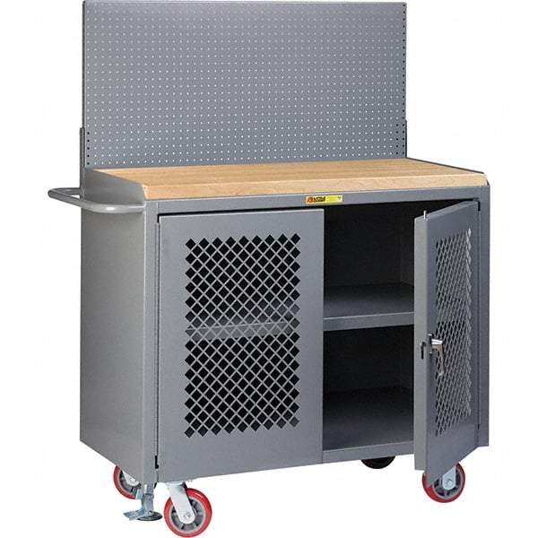 Little Giant - 3,600 Lb Capacity, 3 Shelf, 2 Door Mobile Bench Cabinet with Pegboard Panel - 41" Wide x 24" Deep x 43" High, Steel, Gray - USA Tool & Supply
