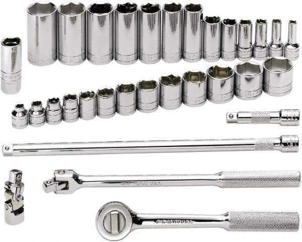 SK - 32 Piece 3/8" Drive Standard Deep Socket Set - 6 Points, 1/4 to 1", Inch Measurement Standard - USA Tool & Supply
