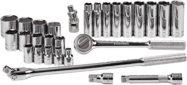 SK - 28 Piece 1/2" Drive Standard Deep Socket Set - 6 Points, 3/8 to 1-1/4", Inch Measurement Standard - USA Tool & Supply