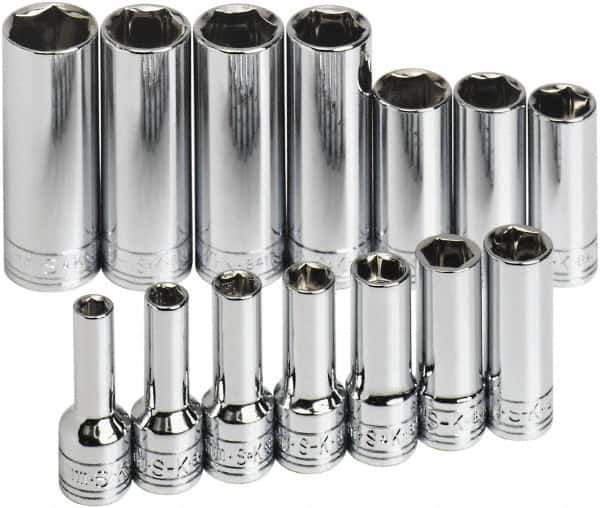 SK - 14 Piece 3/8" Drive Tethered Thin Wall Deep Socket Set - 6 Points, 6 to 19mm, Metric Measurement Standard - USA Tool & Supply