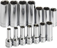 SK - 14 Piece 3/8" Drive Tethered Thin Wall Deep Socket Set - 6 Points, 6 to 19mm, Metric Measurement Standard - USA Tool & Supply