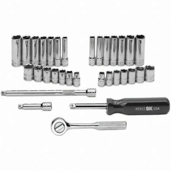 SK - 1/4" Drive Standard Deep Socket Set - 1/4 to 1/2", 6 to 12mm, Inch/Metric Measurement Standard - USA Tool & Supply