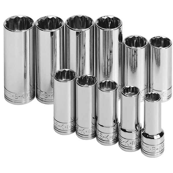 SK - 11 Piece 3/8" Drive Deep Well Socket Set - 12 Points, 9mm to 19mm Range, Metric Measurement Standard - USA Tool & Supply