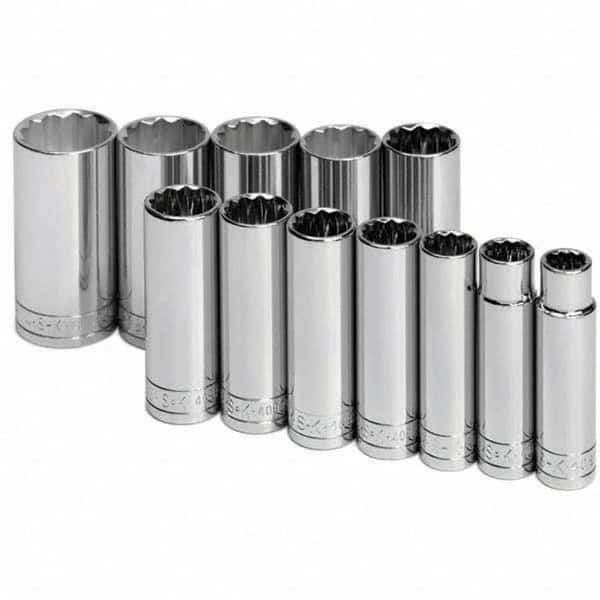 SK - 1/2" Drive Deep Socket Set - 1/2 to 1-1/4", Inch Measurement Standard - USA Tool & Supply