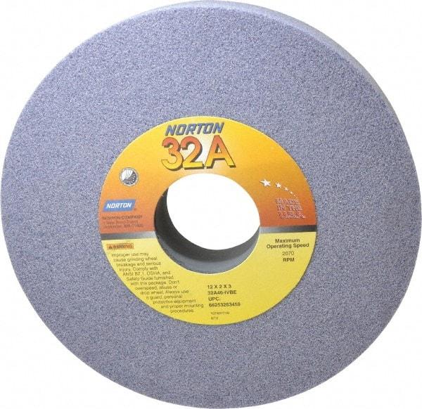 Norton - 12" Diam x 3" Hole x 2" Thick, I Hardness, 46 Grit Surface Grinding Wheel - Aluminum Oxide, Type 1, Coarse Grade, 2,070 Max RPM, Vitrified Bond, No Recess - USA Tool & Supply