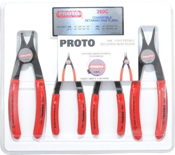 Proto - 4 Piece, 3/8 to 2" Bore, 1/4 to 2" Shaft, Convertible Retaining Ring Pliers Set - 0.038 to 0.07" Tip Diam Range - USA Tool & Supply