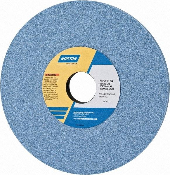 Norton - 7" Diam x 1-1/4" Hole x 1/2" Thick, L Hardness, 60 Grit Surface Grinding Wheel - Ceramic, Type 1, Medium Grade, 3,600 Max RPM, Vitrified Bond, No Recess - USA Tool & Supply