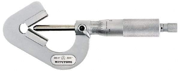 Mitutoyo - 0.05 to 0.6 Inch Measurement, 0.001 Inch Graduation, Accuracy Up to 0.0002 Inch, 3 Flutes Measured, Ratchet Stop Thimble, Mechanical V Anvil Micrometer - 6.35mm Spindle Diameter, Carbide, 23.46mm Throat Depth - USA Tool & Supply