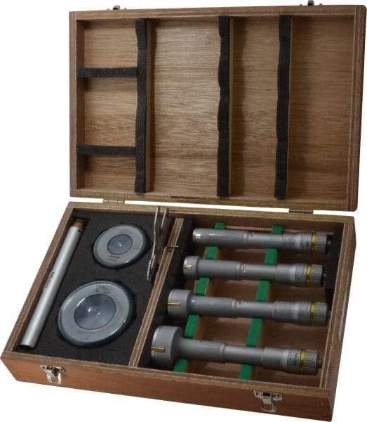 Mitutoyo - 9 Piece, 0.8 to 2", Carbide, TiN Coated, Hole Mechanical Inside Micrometer Set - 0.0002" Graduation, Ratchet Stop Thimble, Includes (2) Setting Rings, Extension & Fitted Plastic Case - USA Tool & Supply