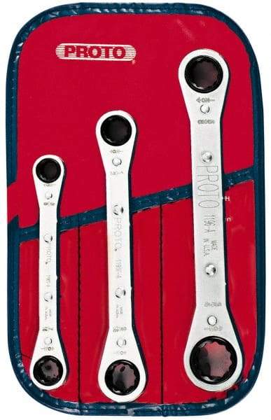 Proto - 3 Piece, 3/8" to 11/16", 12 Point Ratcheting Box Wrench Set - Inch Measurement Standard, Chrome Finish, Comes in Pouch - USA Tool & Supply