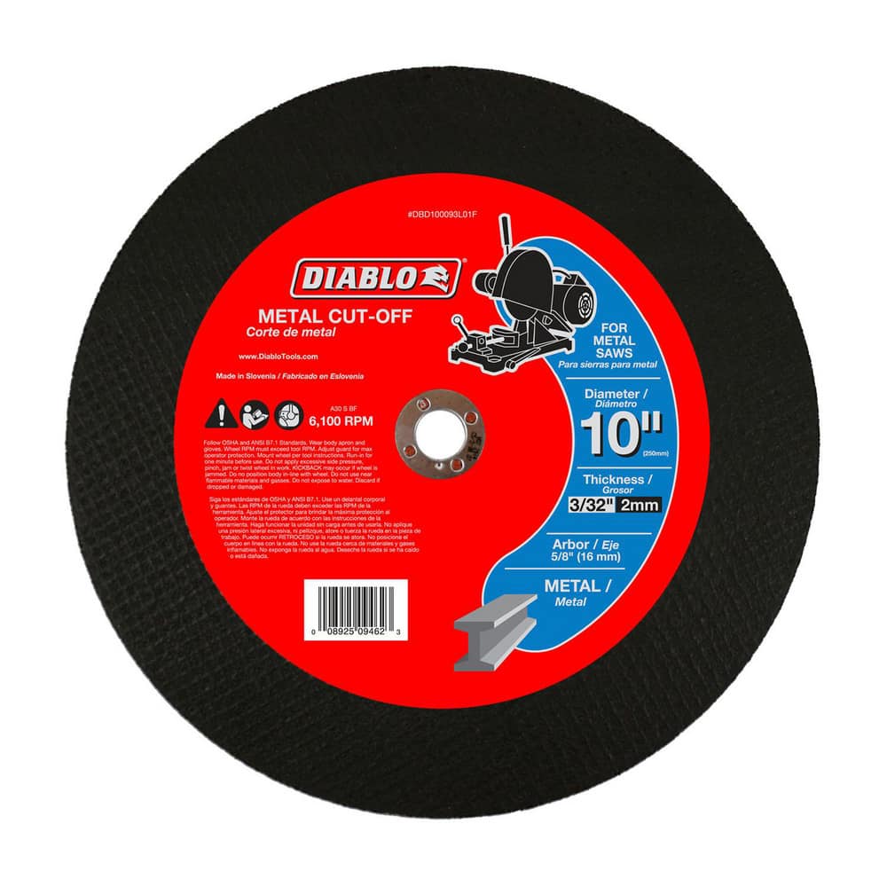 Cutoff Wheels; Wheel Type Number: Type 1; Wheel Diameter (Inch): 10; Wheel Thickness (Inch): 3/32; Hole Size: 5/8; Abrasive Material: Premium Aluminum Oxide Blend; Maximum Rpm: 6100.000; Hole Shape: Round; Wheel Color: Black