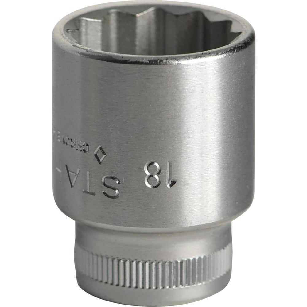 Hand Sockets; Socket Type: Standard; Drive Size: 3/8 in; Socket Size (mm): 18; Drive Style: Hex; Overall Length (Decimal Inch): 1.0700; Material: Steel; Insulated: No; Tether Style: Not Tether Capable; Features: Anti-Slip Drive profile; Thin wall; Coating