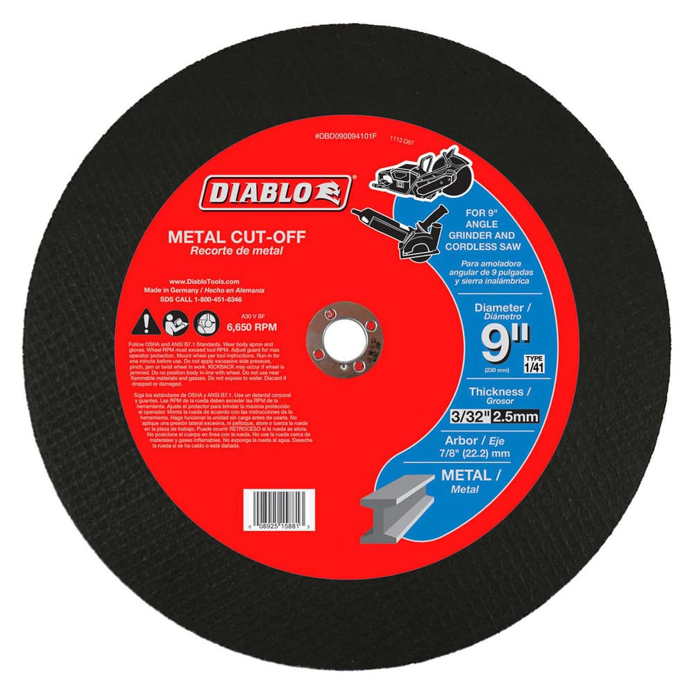 Cutoff Wheels; Wheel Type Number: Type 01/41; Wheel Diameter (Inch): 9; Wheel Thickness (Inch): 3/32; Hole Size: 7/8; Abrasive Material: Premium Aluminum Oxide Blend; Maximum Rpm: 6600.000; Hole Shape: Round; Wheel Color: Black