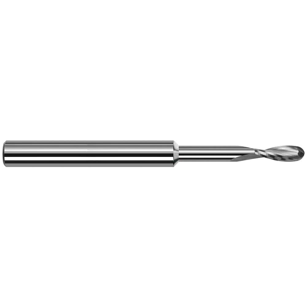 Ball End Mill: 0.0625″ Dia, 0.186″ LOC, 2 Flute, Solid Carbide 1-1/2″ OAL, 1/8″ Shank Dia, 20 ° Helix, Uncoated, Single End