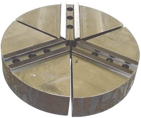 H & R Manufacturing - 1.5mm x 60° Serrated Attachment, Round Soft Lathe Chuck Jaw - 3 Jaws, Cast Iron, 1.181" Btw Mount Hole Ctrs, 5" Long x 10" Wide x 2" High, 0.63" Groove, 12mm Fastener - USA Tool & Supply