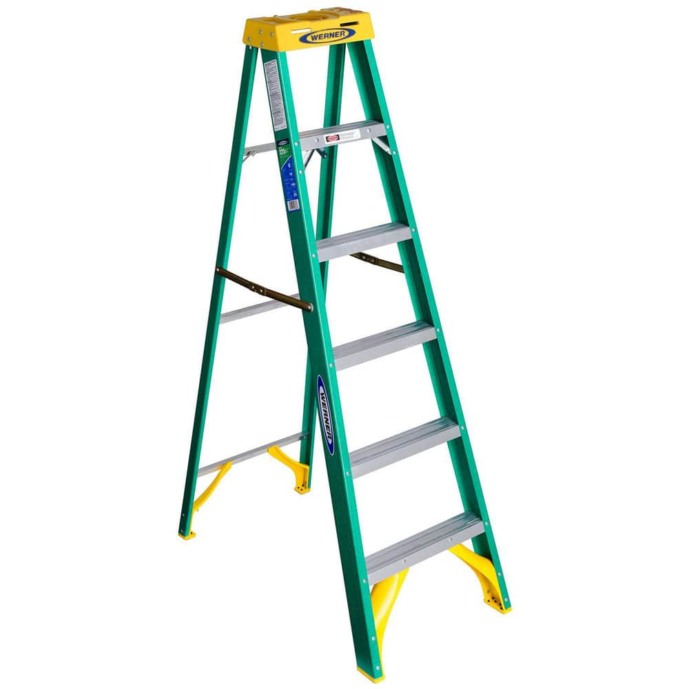 5-Step Ladder: Fiberglass, Type II, 225 lb Capacity, 6' OAH 22″ Base Width