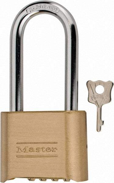 Master Lock - 2" Body Width, 2-1/4" Shackle Clearance, Solid Brass Combination Lock - 5/16" Shackle Diam, 1" Shackle Width - USA Tool & Supply