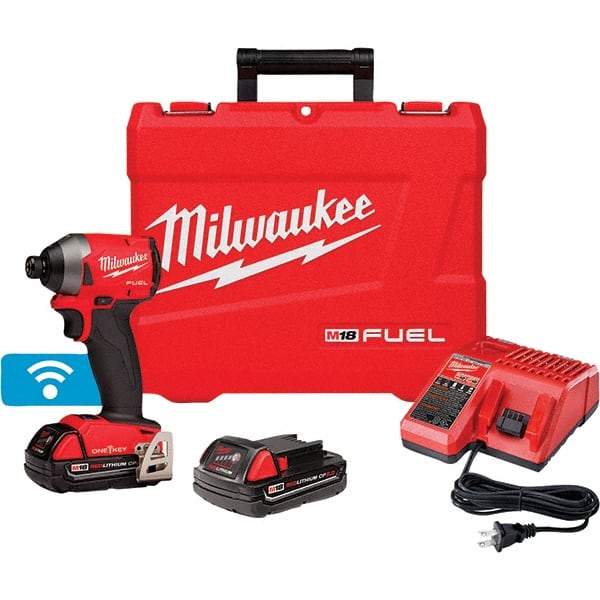 Milwaukee Tool - 18 Volt, 1/4" Drive, 167 Ft/Lb Torque, Cordless Impact Driver - Pistol Grip Handle, 3600 RPM, 2 Lithium-Ion Batteries Included - USA Tool & Supply