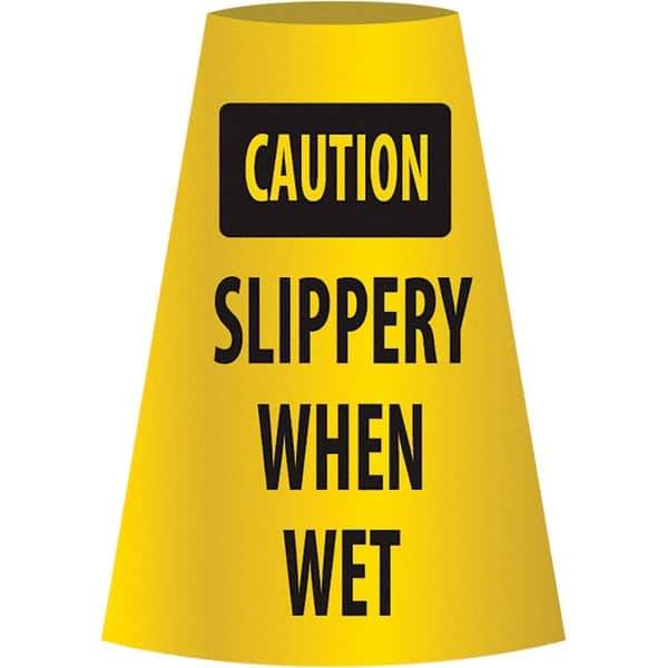 NMC - Caution - Slippery When Wet, 21-3/4" Wide x 11" High, Polyethylene Floor Sign - Cone, Black on Yellow, For Restroom, Janitorial & Housekeeping - USA Tool & Supply