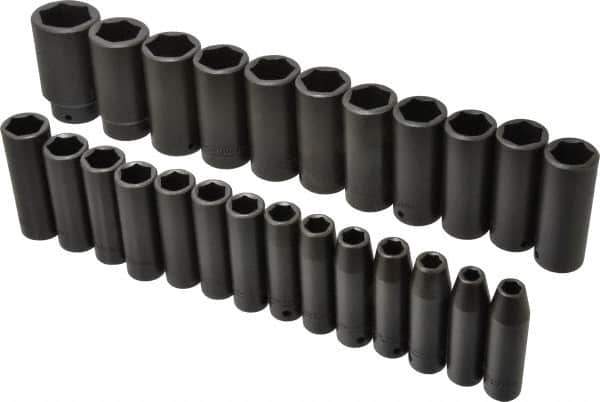 Proto - 25 Piece 1/2" Drive Deep Well Impact Socket Set - 6 Points, 8mm to 36mm Range, Metric Measurement Standard - USA Tool & Supply