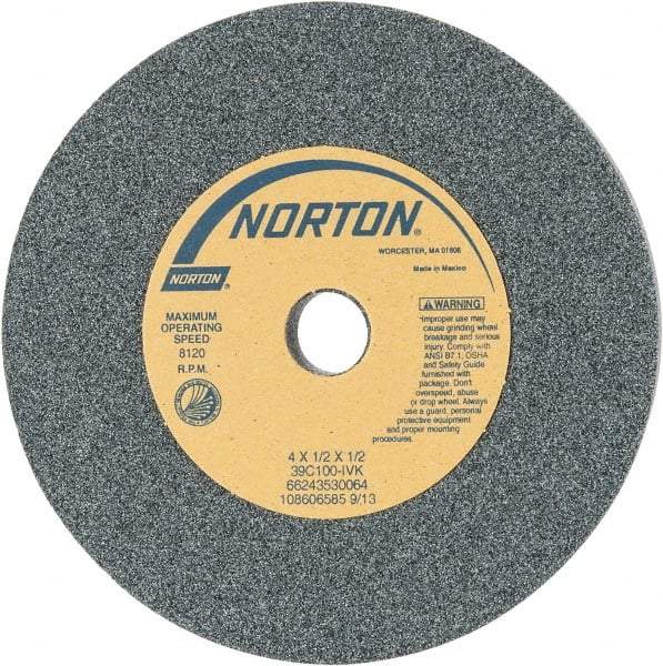 Norton - 4" Diam x 1/2" Hole x 1/2" Thick, I Hardness, 100 Grit Surface Grinding Wheel - Silicon Carbide, Type 1, Fine Grade, 8,120 Max RPM, Vitrified Bond, No Recess - USA Tool & Supply