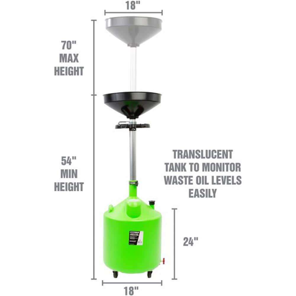 Oil Drain Containers; Container Size: 18 gal; Overall Height: 70 in; Overall Length: 18.00; Overall Width: 18; Overall Diameter: 18.000; Color: Green; Diameter (Inch): 18.000; Fractional Height: 70 in; Color: Green; Container Size: 18 gal