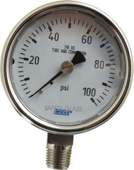 Wika - 2-1/2" Dial, 1/4 Thread, 0-100 Scale Range, Pressure Gauge - Lower Connection Mount, Accurate to 2-1-2% of Scale - USA Tool & Supply