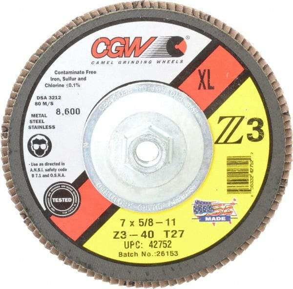 Camel Grinding Wheels - 40 Grit, 7" Disc Diam, 5/8-11 Center Hole, Type 27 Zirconia Alumina Flap Disc - 8,600 Max RPM, Poly Cotton Backing, Arbor Attaching System, Coated - USA Tool & Supply