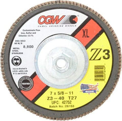 Camel Grinding Wheels - 40 Grit, 7" Disc Diam, 5/8-11 Center Hole, Type 27 Zirconia Alumina Flap Disc - 8,600 Max RPM, Poly Cotton Backing, Arbor Attaching System, Coated - USA Tool & Supply